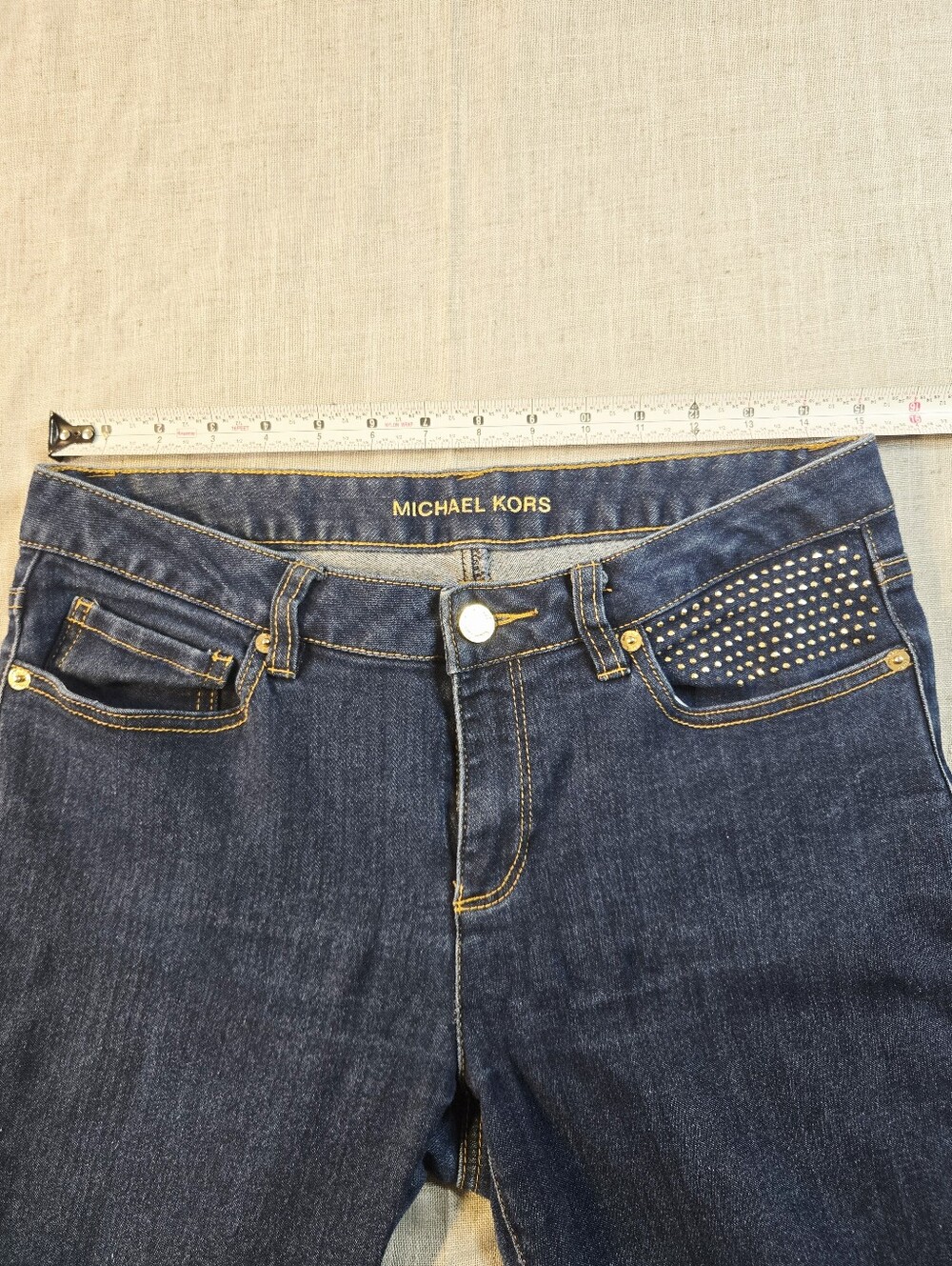 Michael Kors Women's 8 Skinny Studded Pocket Dark Blue Wash Denim Stretch Jeans - Picture 8 of 11